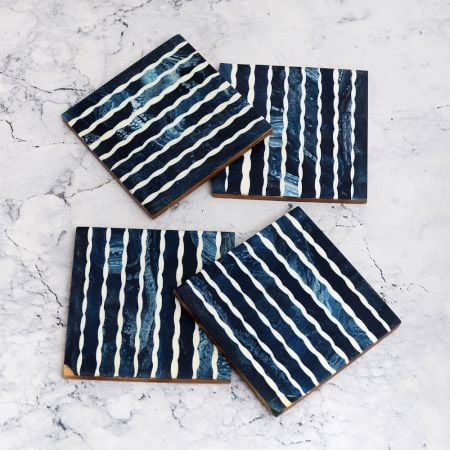 Blue & White Modern Wooden Coasters - Pack of 4